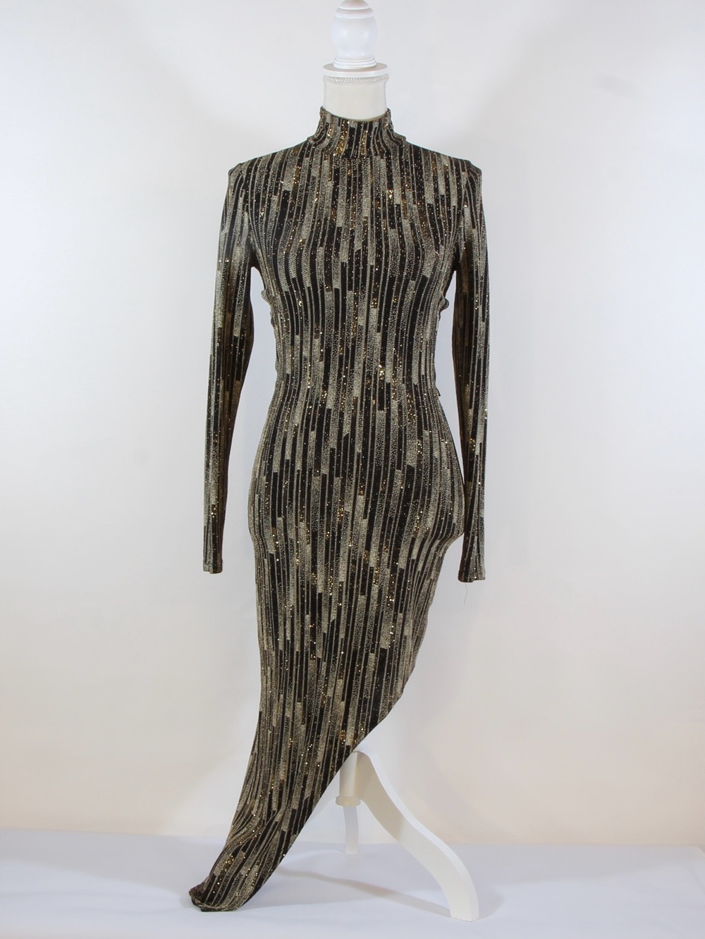 a'gaci Black & Gold Long Sleeve High-Neck Asymmetric Dress